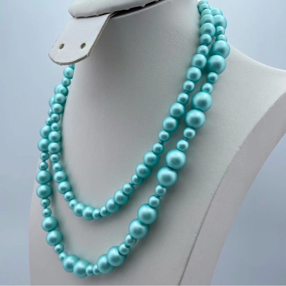Sterling Silver knotted Double Strand Turquoise Faux Glass Pearl Necklace